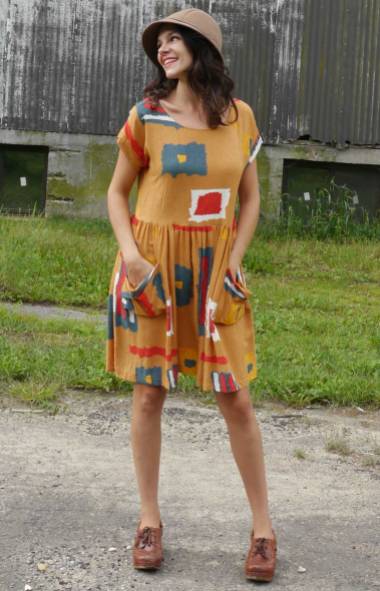 Curry Geometric Pocket Dress with dirndl skirt.