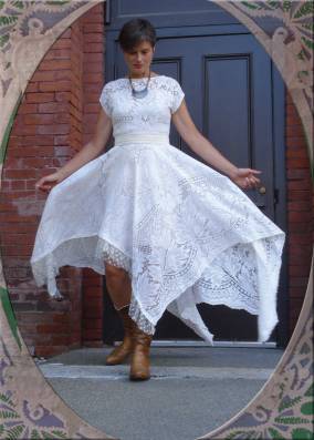 Made from a Vintage Lace Tablecloth with cotton muslin sash.